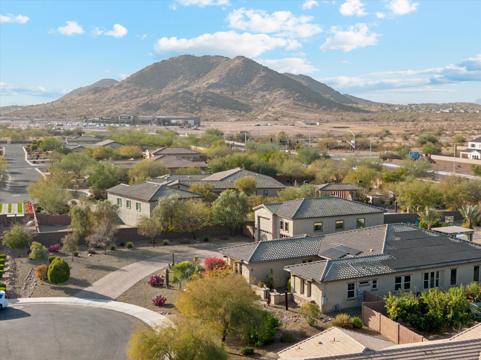 Aerial view of Vista Montana III luxury homes in Peoria Arizona featuring large estate lots, desert landscape, and mountain views in North Peoria