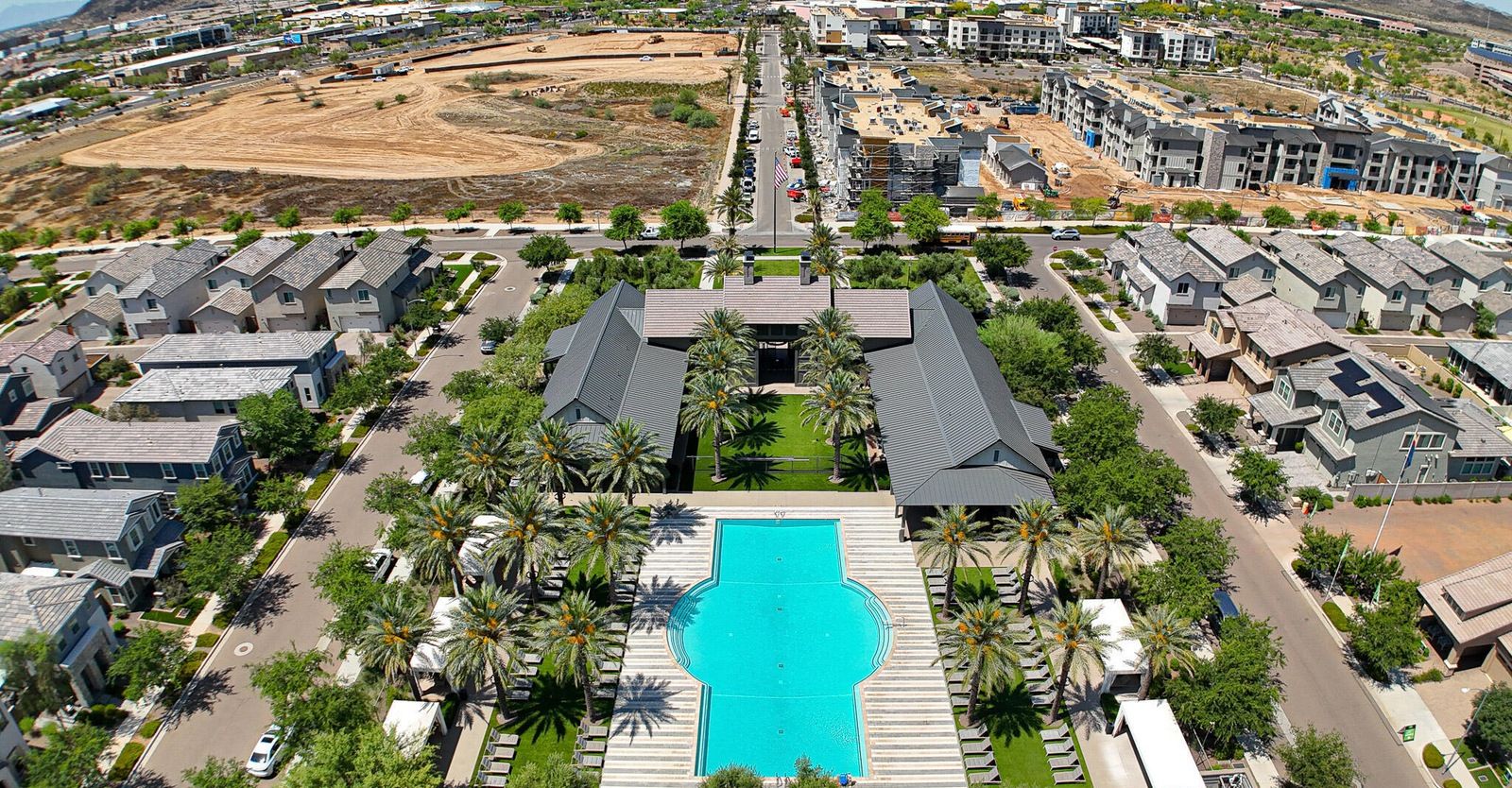 Aerial view of Union Park at Norterra community center and resort-style pool in North Phoenix, Arizona, highlighting the master-planned neighborhood’s amenities, modern homes, and strong appeal for renters and real estate investors seeking property near the TSMC semiconductor campus.