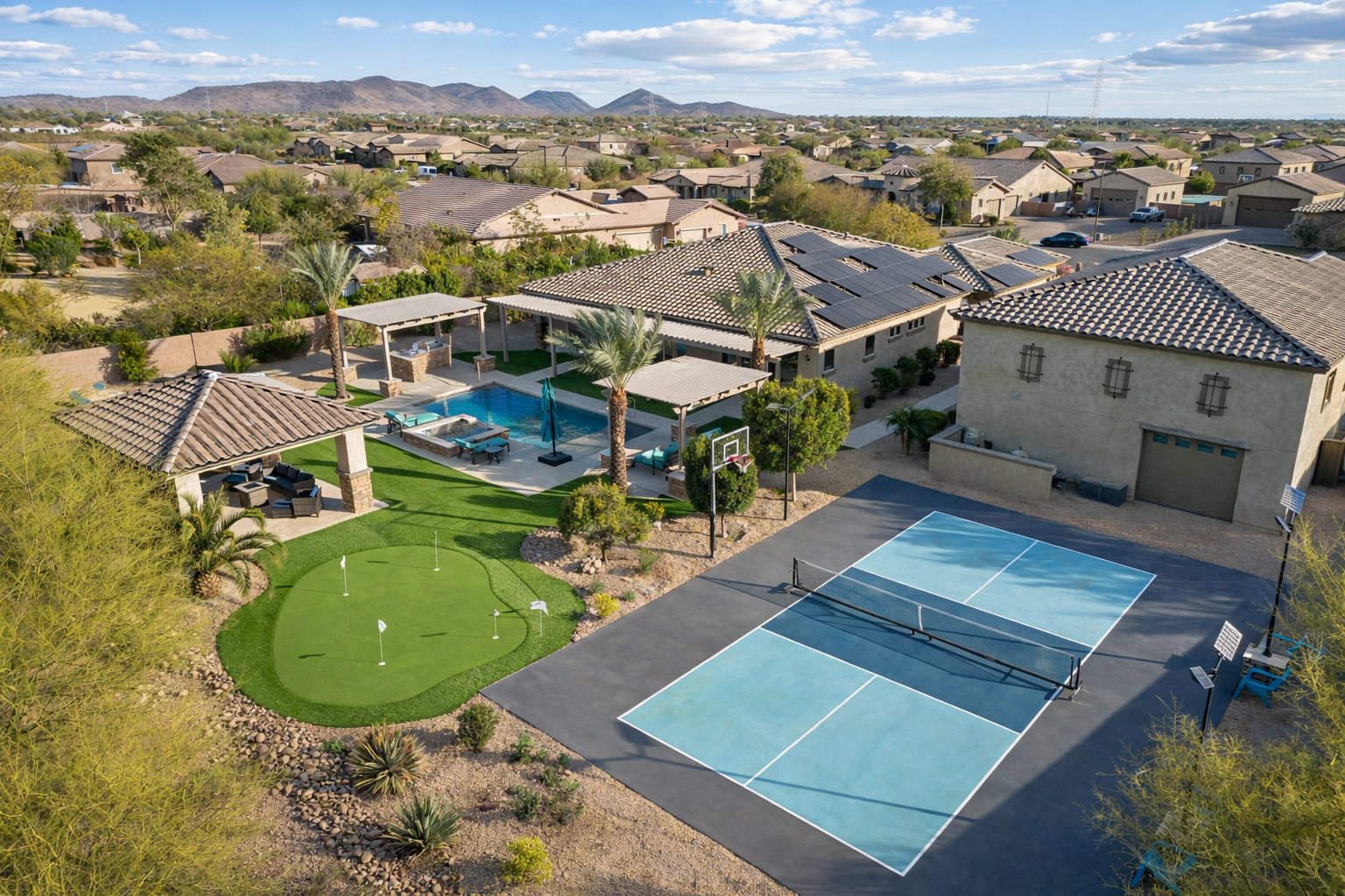 Large Arizona short-term rental with sport court pickleball basketball RV garage pool and spa — premium multi-amenity investment property