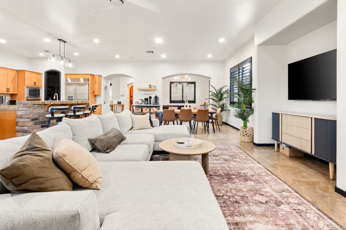 Professionally staged short-term rental living room Arizona — hotel-quality interior design