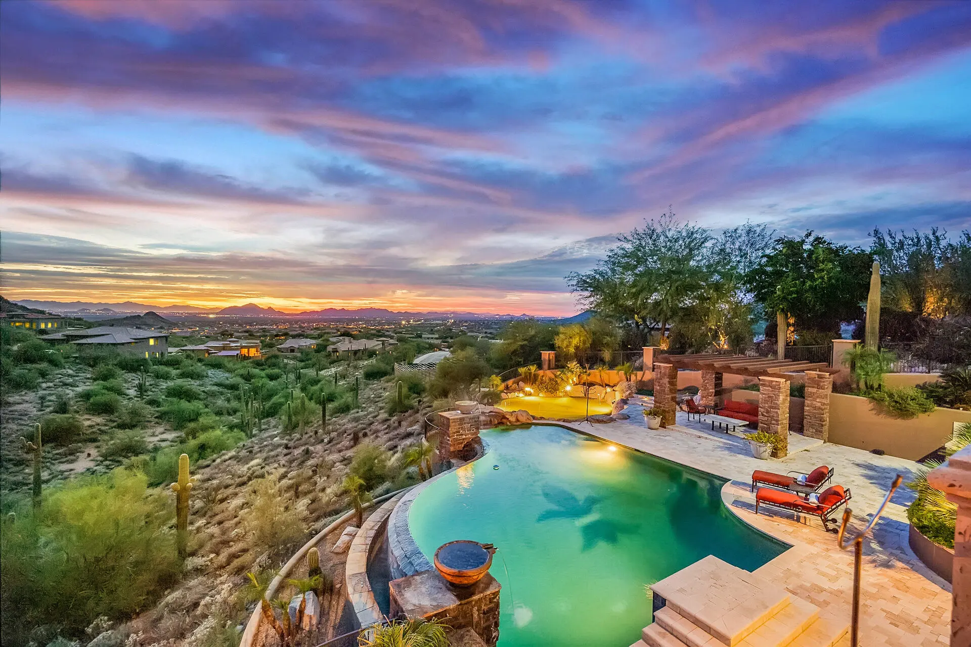 Luxury Arizona short-term rental pool overlooking the Phoenix Metro skyline