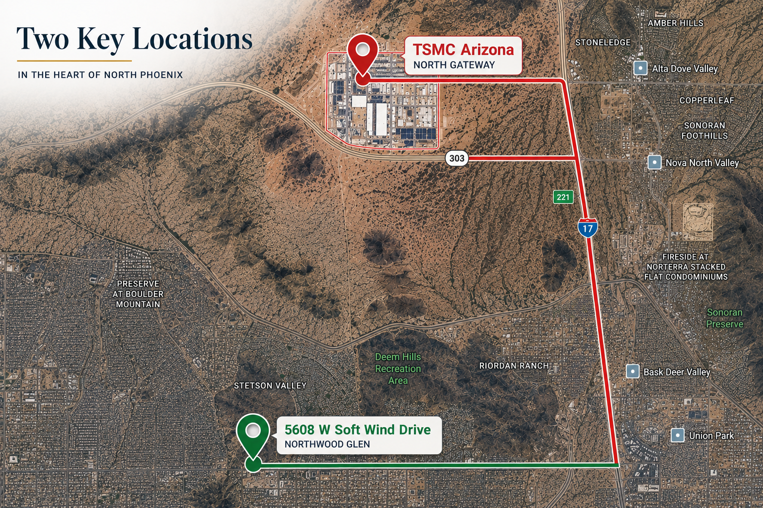 Proximity map showing 5608 W Soft Wind Drive location relative to TSMC semiconductor campus, Loop 101, I-17, and North Phoenix corridor