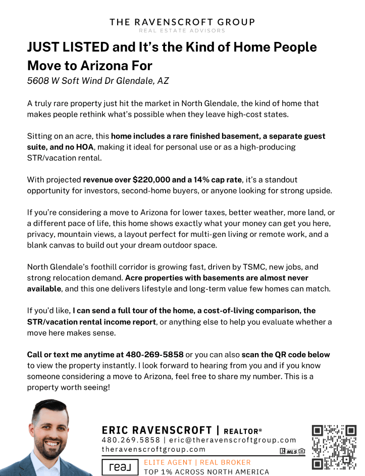 Targeted outreach letter used to attract out-of-state buyers to 5608 W Soft Wind Drive, Saddleback Foothills Glendale AZ — part of The Ravenscroft Group's proactive buyer campaign