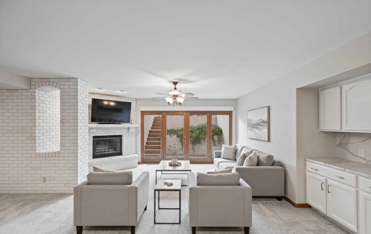 Basement renovation rendering — finished basement living area vision at 5608 W Soft Wind Drive