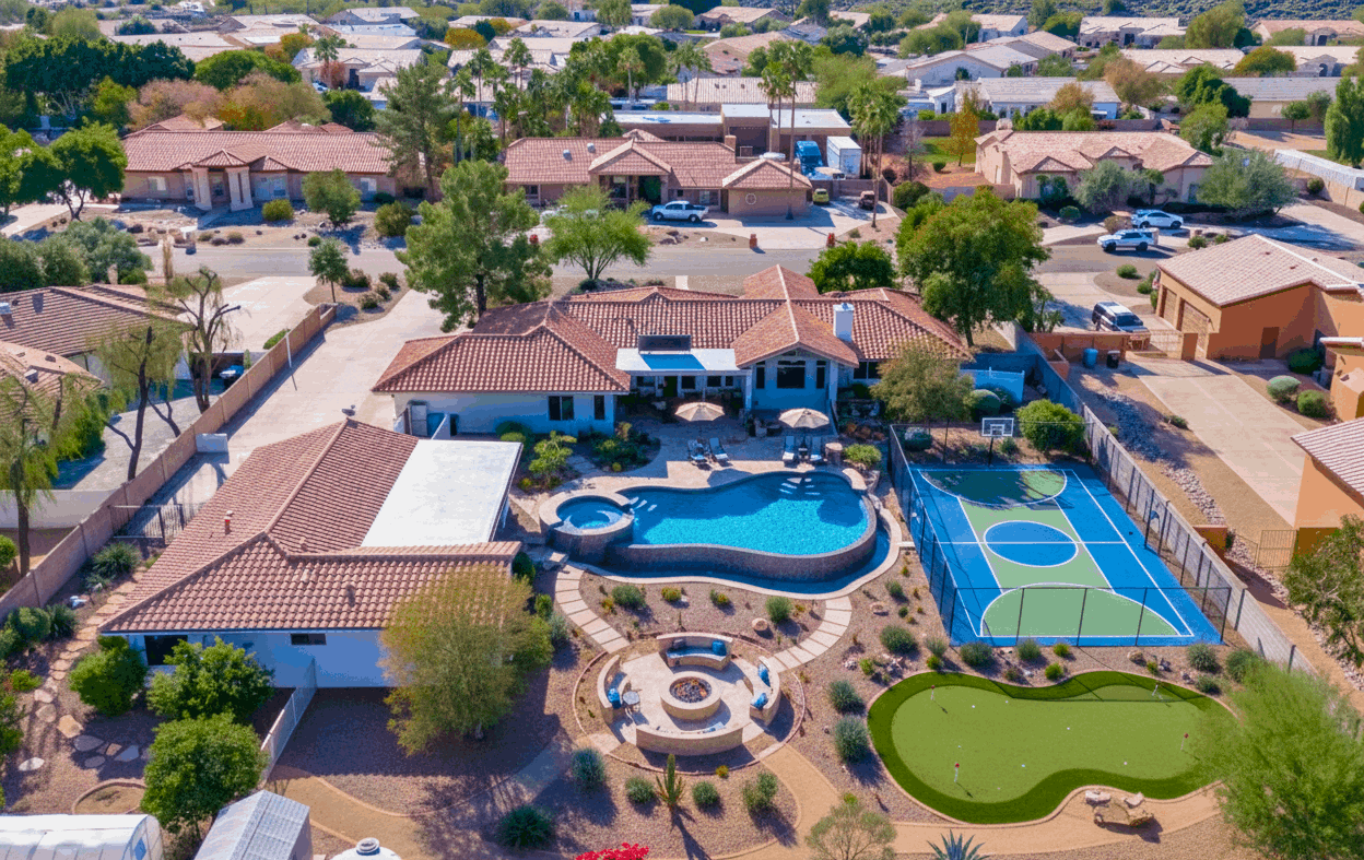 Backyard and outdoor renovation rendering — nearly one-acre lot potential at Saddleback Foothills Glendale AZ