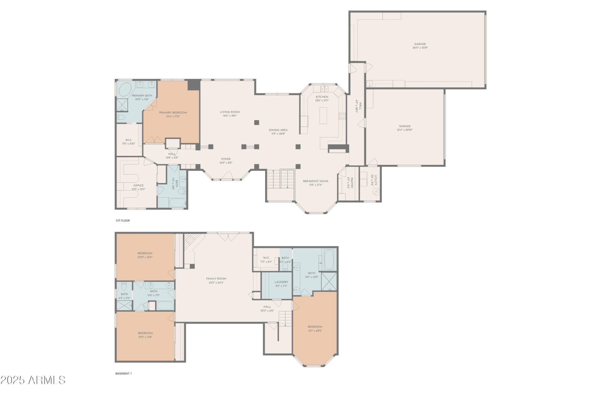 Floorplan of 5608 W Soft Wind Drive — main level and basement layout, 5,565 sq ft, 7 bedrooms, 6 bathrooms, 5-car garage, Saddleback Foothills Glendale AZ