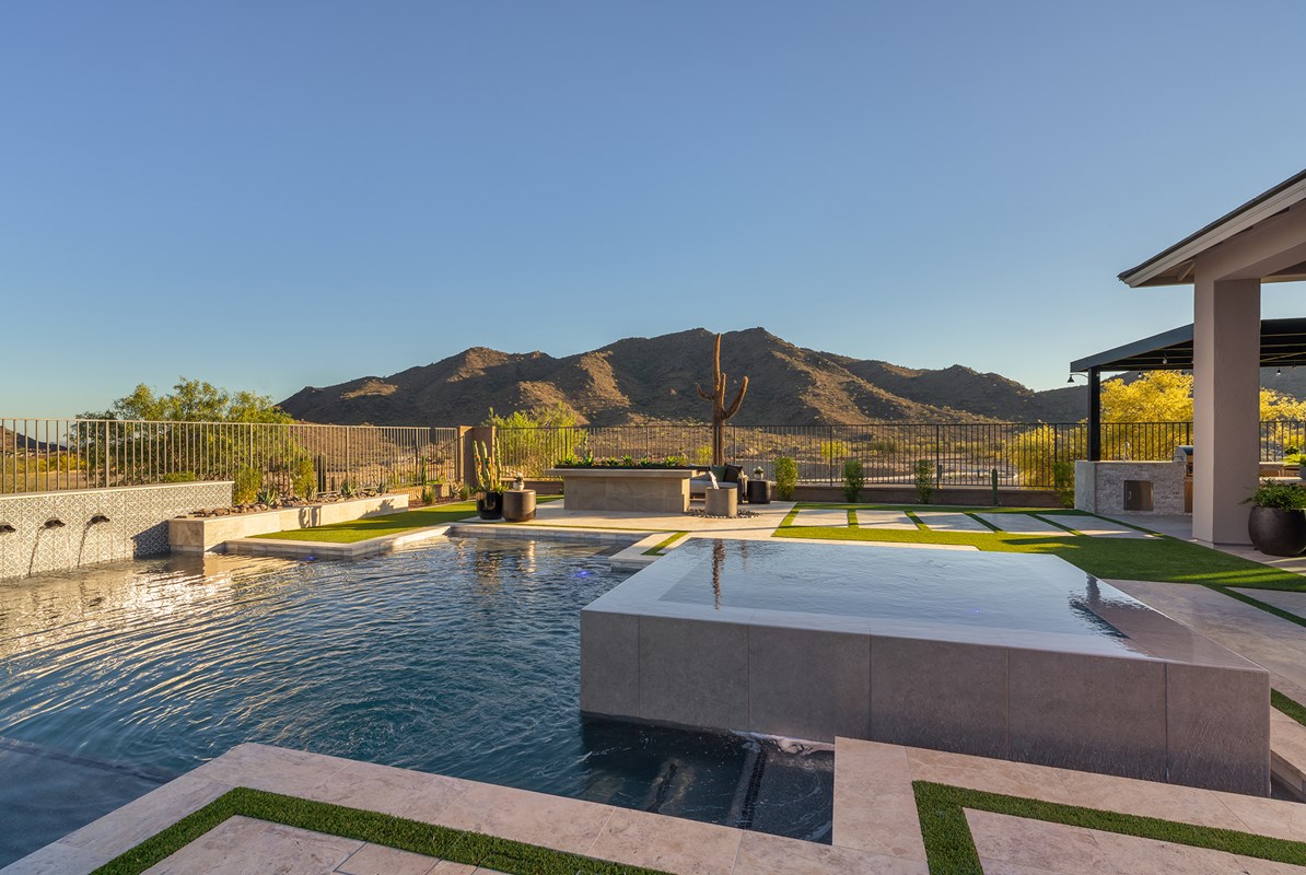 Regent Hills outdoor living — covered patio with mountain views