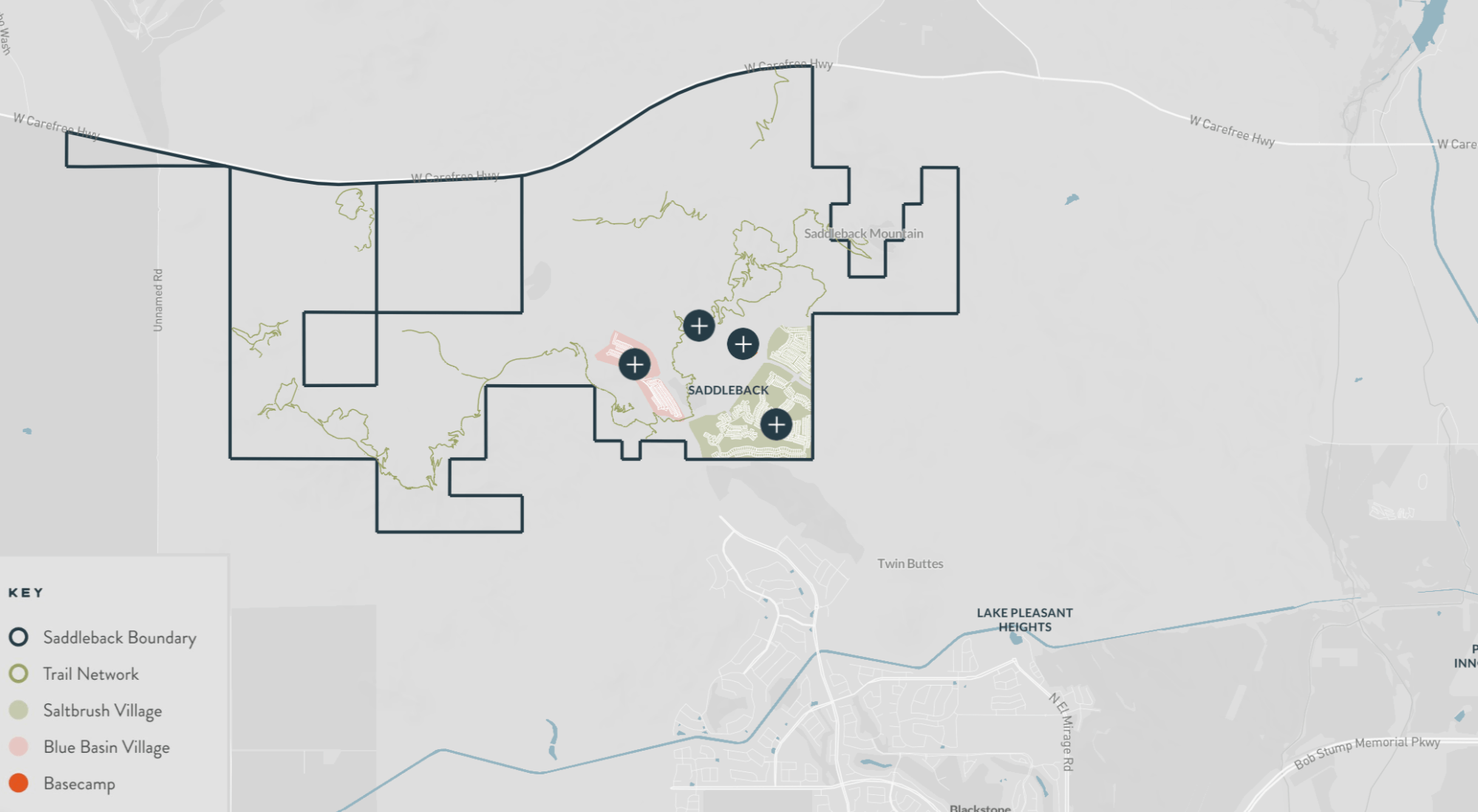Saddleback community site map — village locations, trail network, and land layout in north Peoria Arizona near Lake Pleasant and Vistancia Boulevard