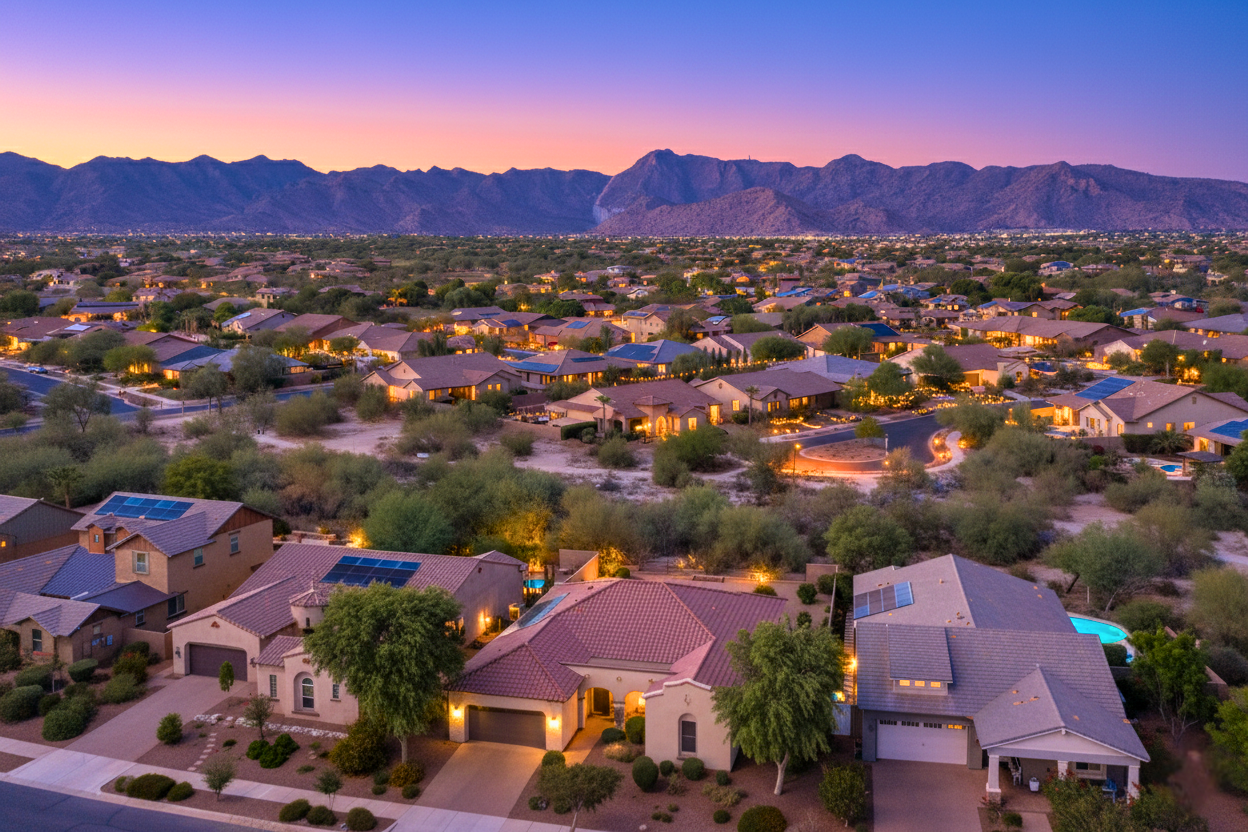 Sunset view of a popular master planned community in the Phoenix Metro, showing tree-lined streets and planned neighborhood design
