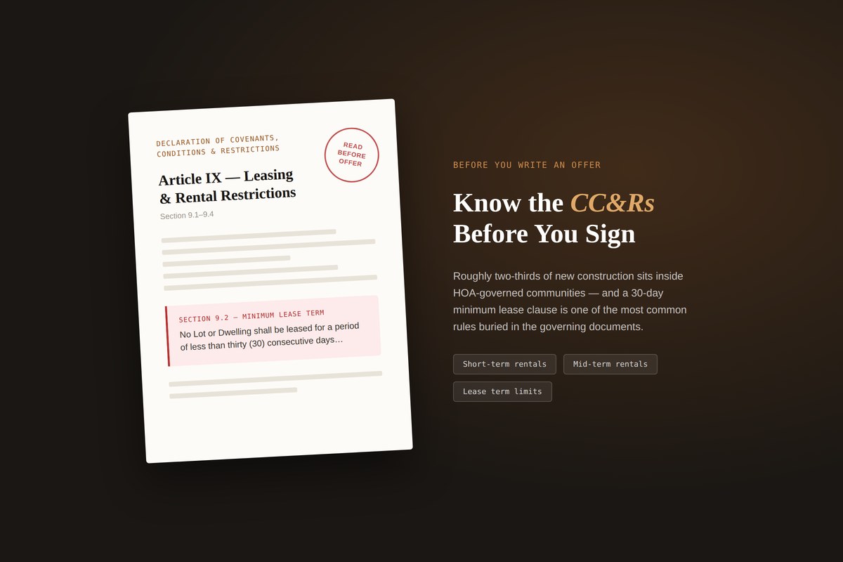 Illustration of a sample CC&R document showing a Section 9.2 minimum lease term clause restricting rentals to 30 days or longer, with a Read Before Offer stamp