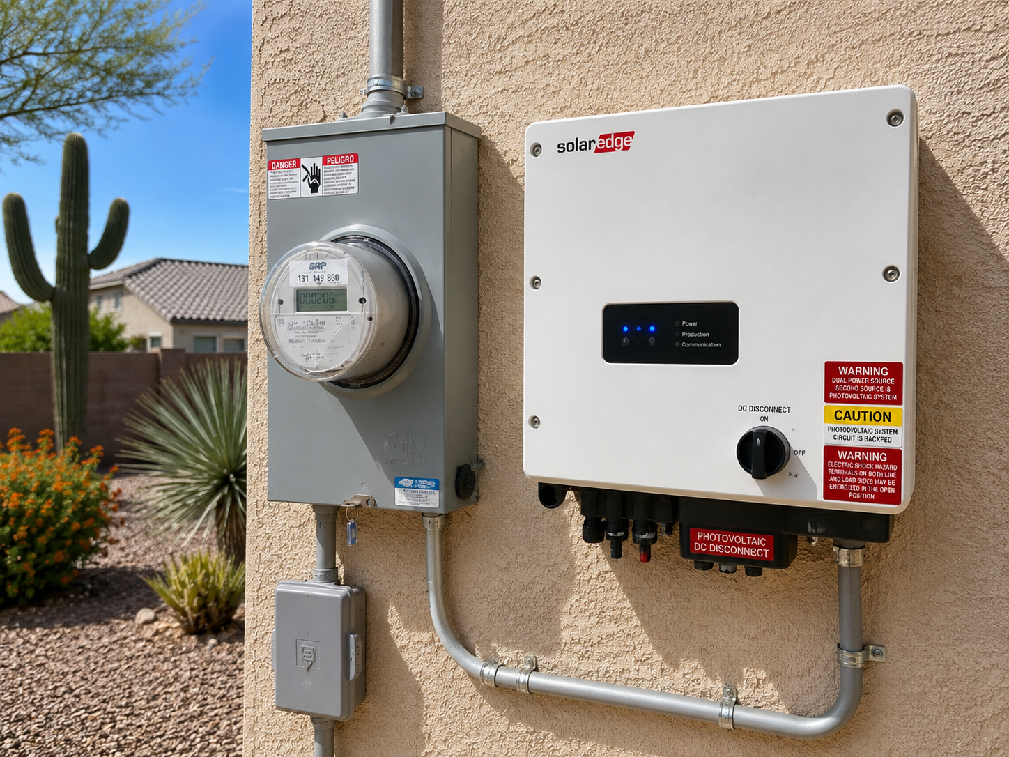 Solar inverter mounted next to a home's electrical meter