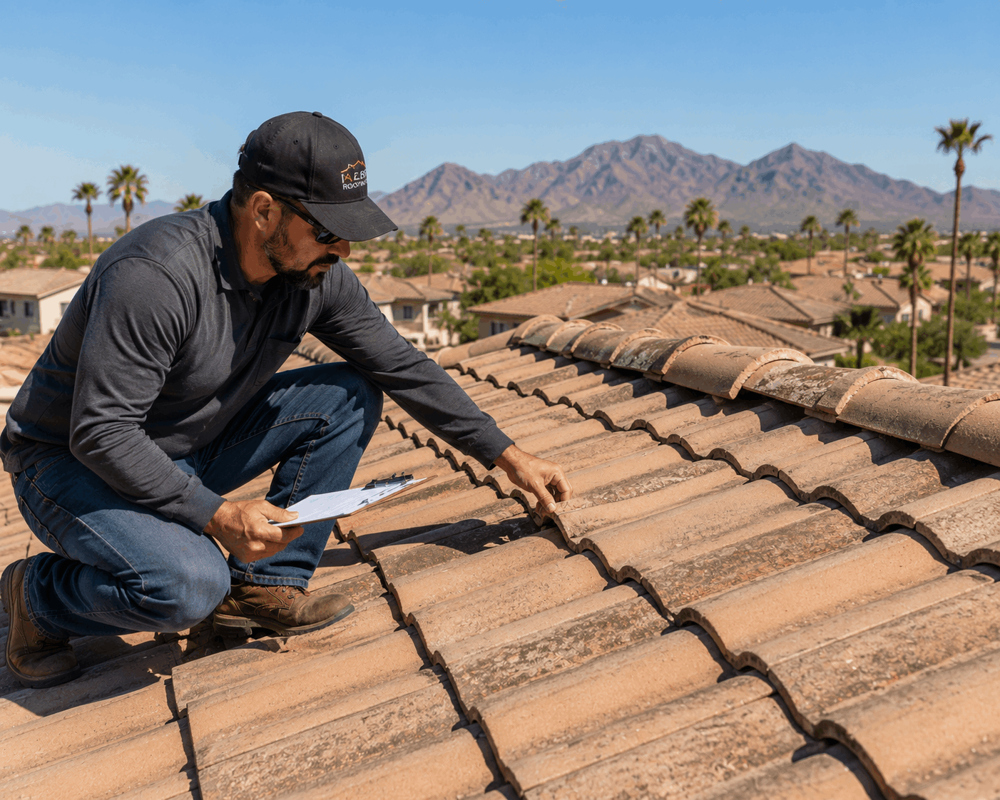 Roofer inspecting an Arizona tile roof before solar installation