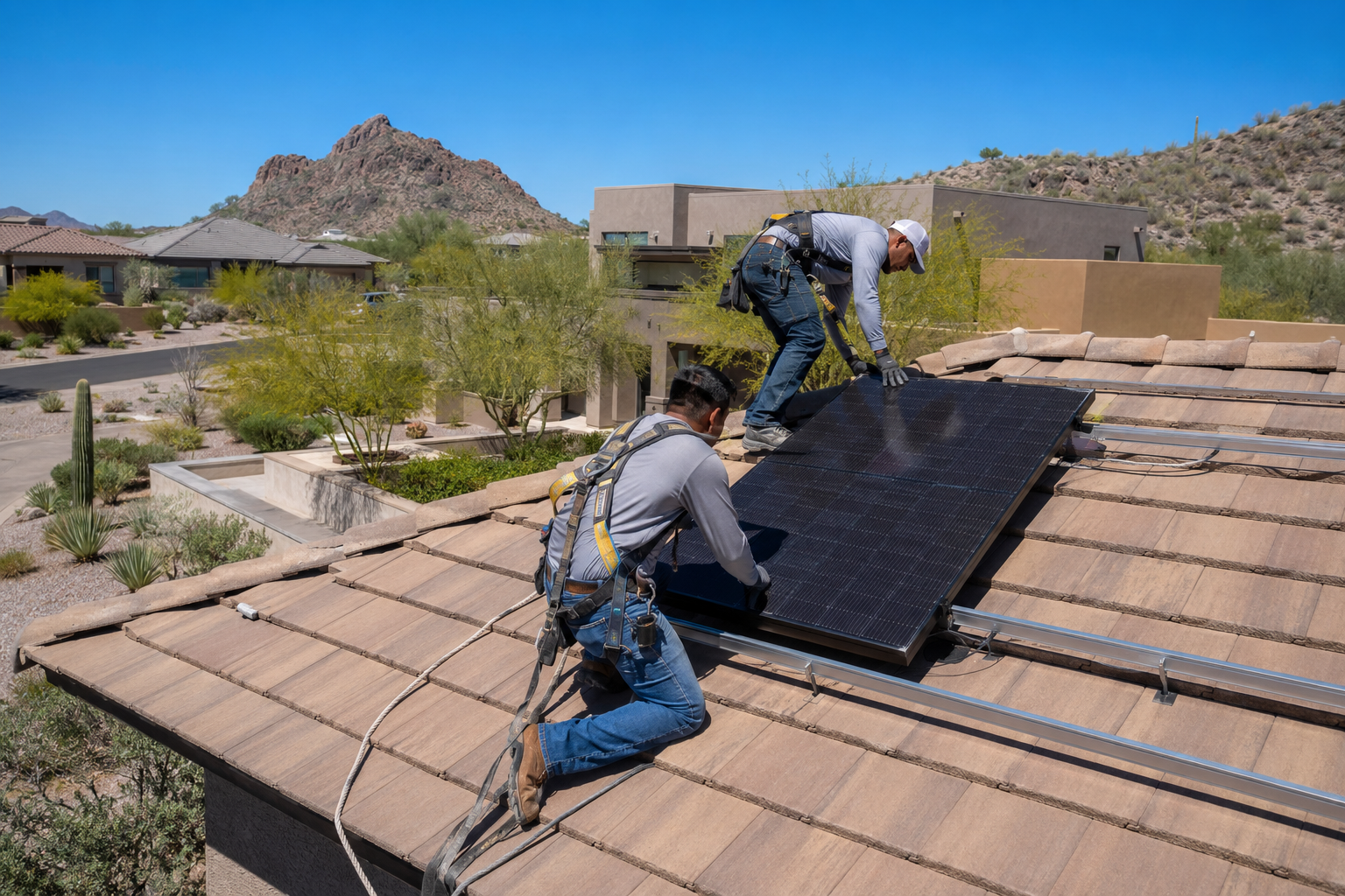 Solar installer mounting panels and wiring the inverter on an Arizona home