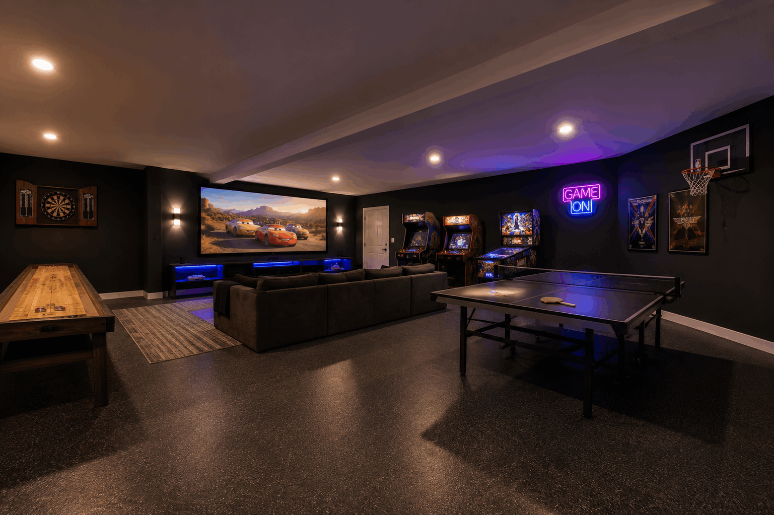 Garage converted to game room / movie room