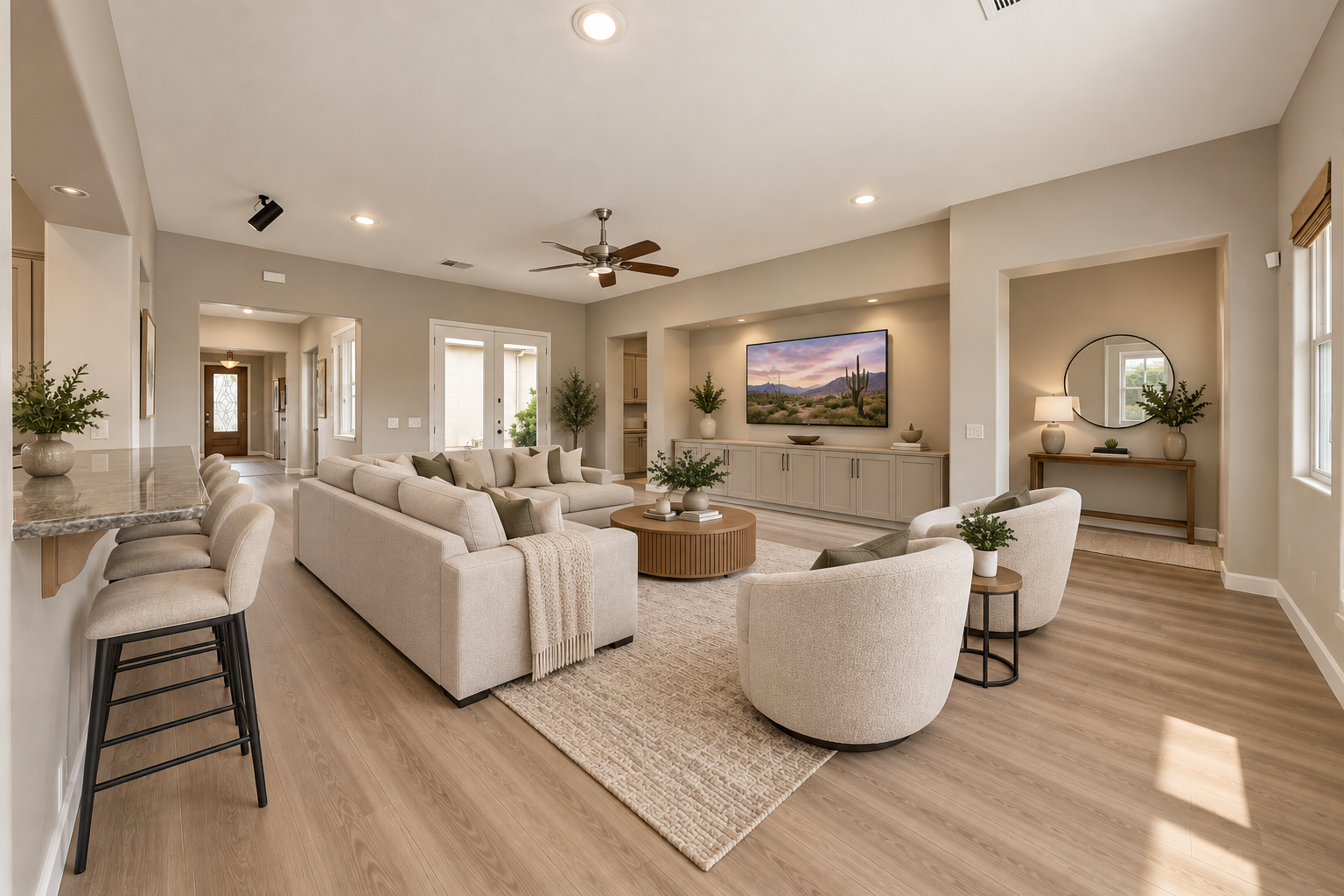 Living area after the refresh with new LVP flooring and paint