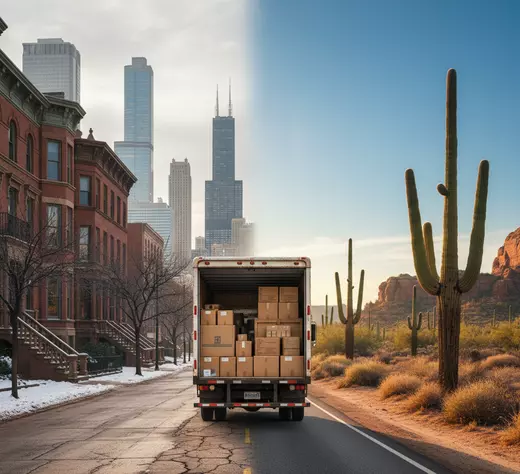 Moving truck transitioning from a snowy big city to a sunny Arizona desert highway with saguaros, symbolizing the shift many people make when relocating to Arizona for better weather, affordability, and quality of life.