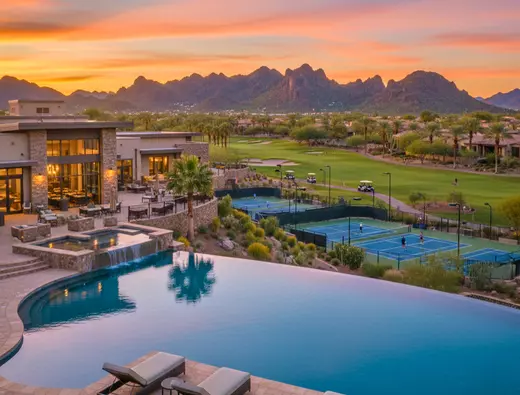 Luxury Arizona master-planned community with resort-style pool, pickleball courts, golf course views, and a stunning desert mountain sunset — highlighting the upscale amenities and lifestyle benefits that attract people to move to Arizona.