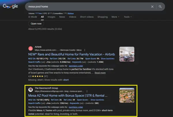 Mesa AZ pool home Google search results highlighting strategic real estate blog content designed to capture high-intent buyer searches.