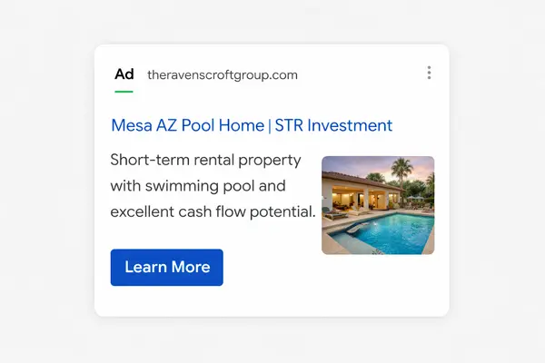 Phoenix-area real estate Google retargeting ad showcasing a pool home investment opportunity and strategic online search visibility.