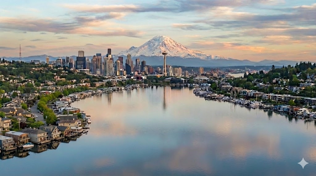 "Panoramic aerial view of the Seattle skyline, Space Needle, and Lake Union houseboats at dawn, representing the 2026 Puget Sound real estate market shift."