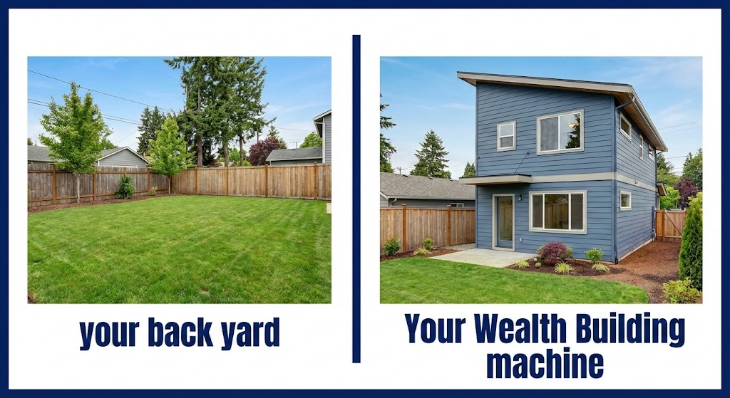 A before-and-after comparison showing an empty suburban backyard labeled 'your back yard' next to a finished two-story detached ADU (DADU) labeled 'Your Wealth Building machine', illustrating property value and income potential under Washington HB 1337 laws