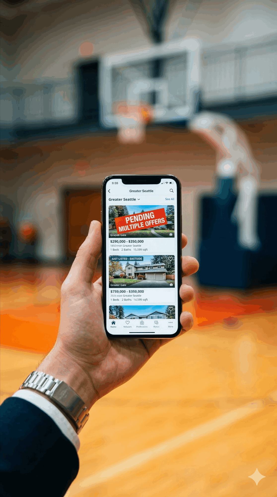 Person checking Eastside real estate listings on phone with spring sports theme