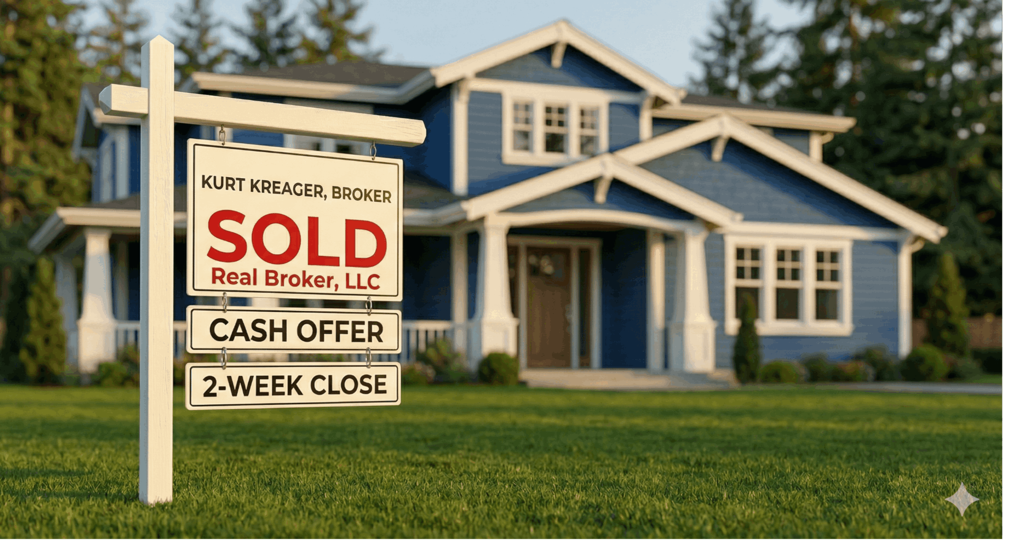 A professional white real estate sign post stands on a neat green lawn in front of a two-story blue Craftsman-style house with white trim. The main sign panel features the text "KURT KREAGER, BROKER" in red text at the top, a large red "SOLD" in the center, and "Real Broker, LLC" in red text at the bottom. Below the main sign, two smaller rectangular signs read "CASH OFFER" and "2-WEEK CLOSE" in matching red font on separate white panels. The background house and surrounding evergreen trees are slightly blurred.