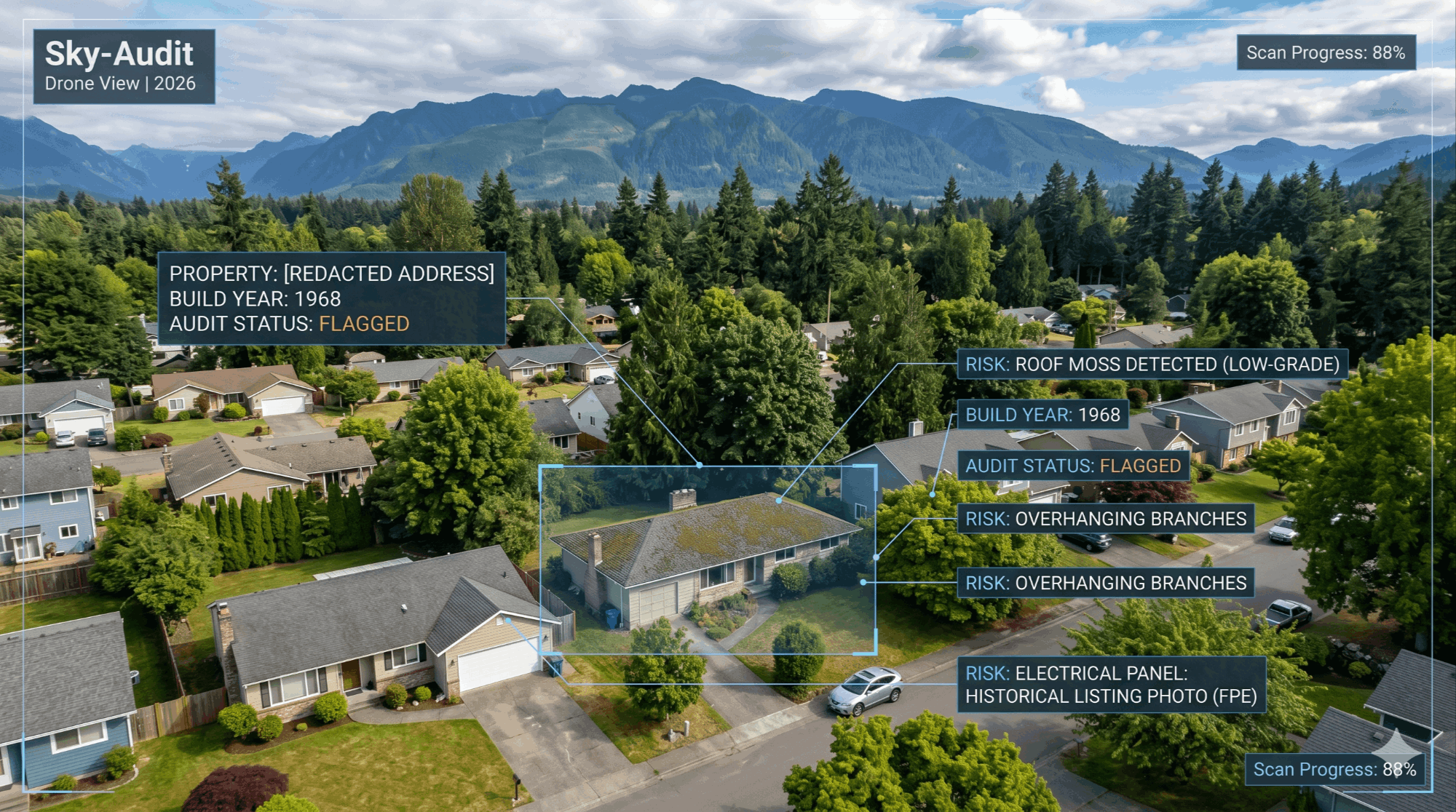High-resolution aerial Sky-Audit of a 1968 Eastside home, featuring digital AI overlays flagging property risks such as roof moss, overhanging branches, and historical listing data for an electrical panel.