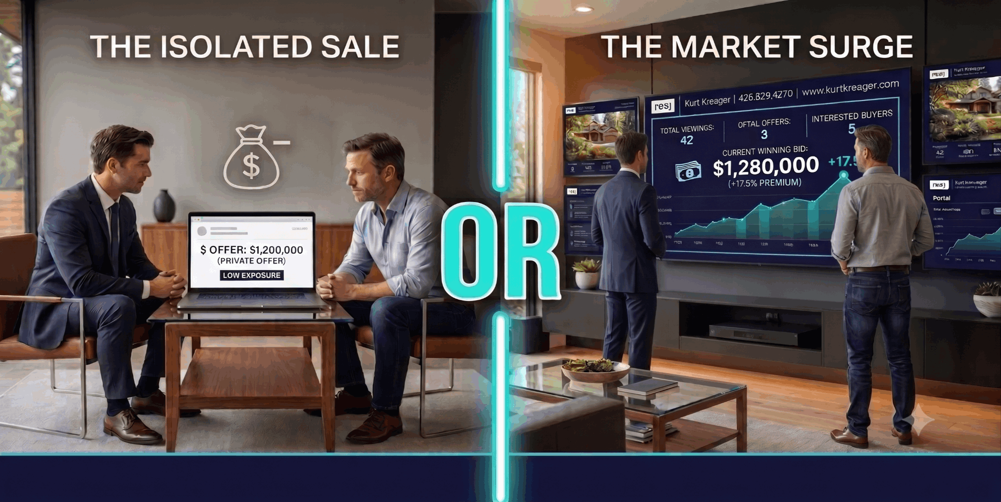 An infographic comparison of 'THE ISOLATED SALE' versus 'THE MARKET SURGE,' visualizing the 17.5% price premium advantage of public MLS listings under Washington's new 2026 transparency laws. Kurt Kreager real estate authority, Redmond and Bellevue.