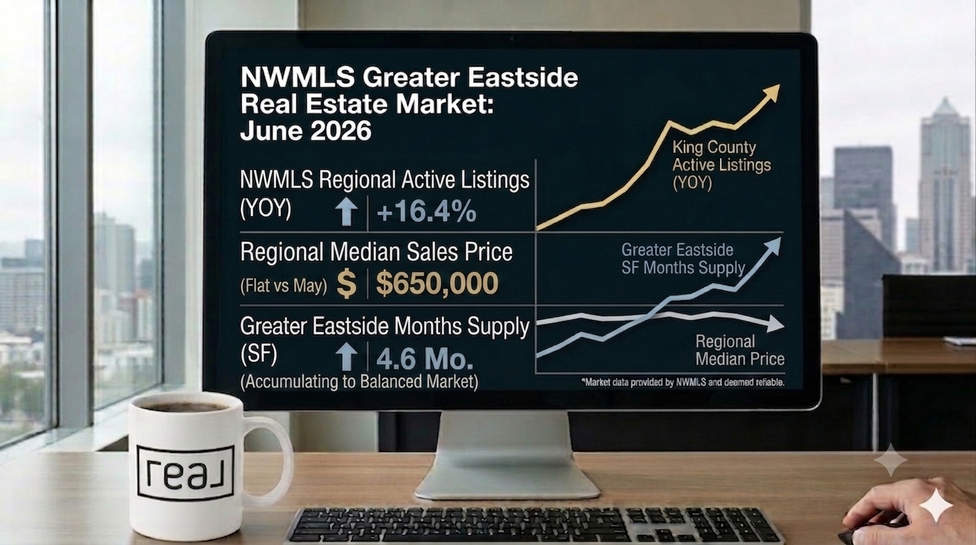 A realistic office photo shows a monitor displaying a detailed 'NWMLS Greater Eastside Real Estate Market: April 2026' infographic dashboard. The screen features text for: King County Active Listings (YOY: up arrow, +35%); Eastside Median Price (Bellevue-Redmond-Kirkland corridor: $1,550,000); Greater Eastside Months Supply (up arrow, 3.9 Mo.). To the right, line graphs with arrow-headed lines plot these same metrics, showing rising trends for Active Listings (gold line) and Months Supply (blue line), and a relatively flat trend for Median Price (orange line). In the foreground are a coffee mug with the 'real' logo, a keyboard, and a hand using a mouse. A large window reveals a Seattle cityscape.
