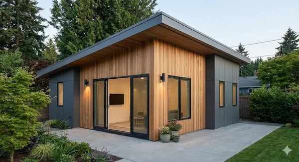 Modern 1,000 square foot Seattle DADU with cedar siding, dark metal accents, and a shed-style roof, featuring large glass sliding doors and a concrete patio in a lush Pacific Northwest backyard.