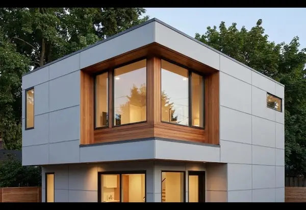 Contemporary two-story Detached Accessory Dwelling Unit in Seattle featuring a minimalist geometric design with light gray paneling, warm wood window surrounds, and expansive corner windows.