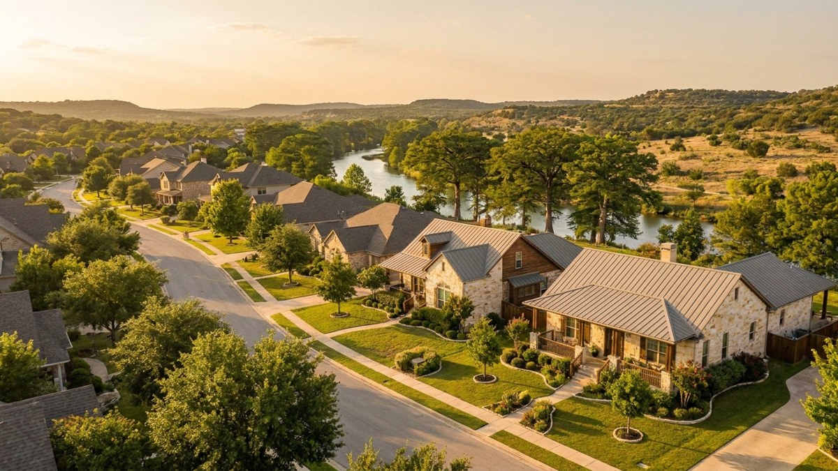 Aerial view of a New Braunfels Texas neighborhood with Hill Country homes along the Guadalupe River