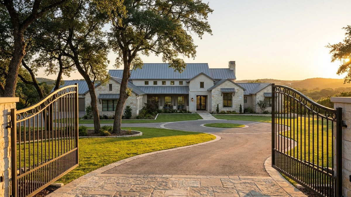Gated luxury Hill Country estate at golden hour outside San Antonio, representing The Dominion and Cordillera Ranch communities