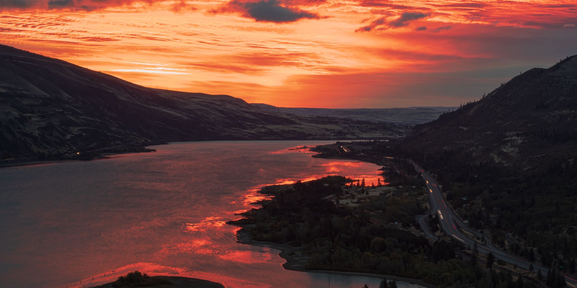 Aerial view of the Columbia River Gorge at sunset