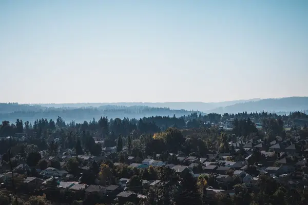 Aerial view of a Portland-area neighborhood among forested hills