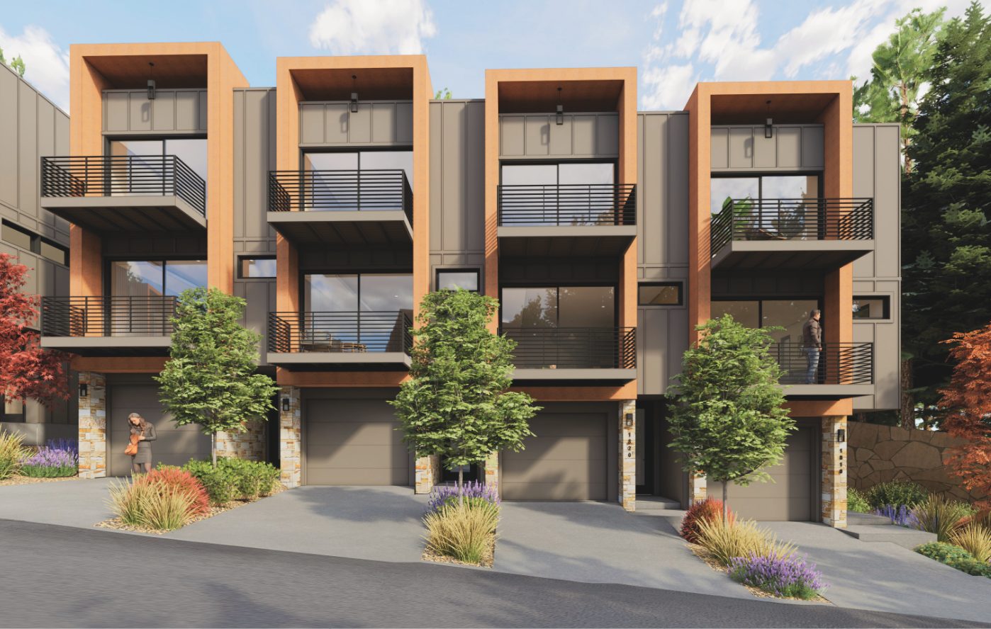 Rendering of Pine Haven townhomes with stone bases, rust-colored metal siding and balconies