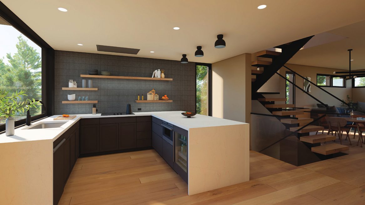 Rendering of a Pine Haven kitchen open to the stairs and forest views