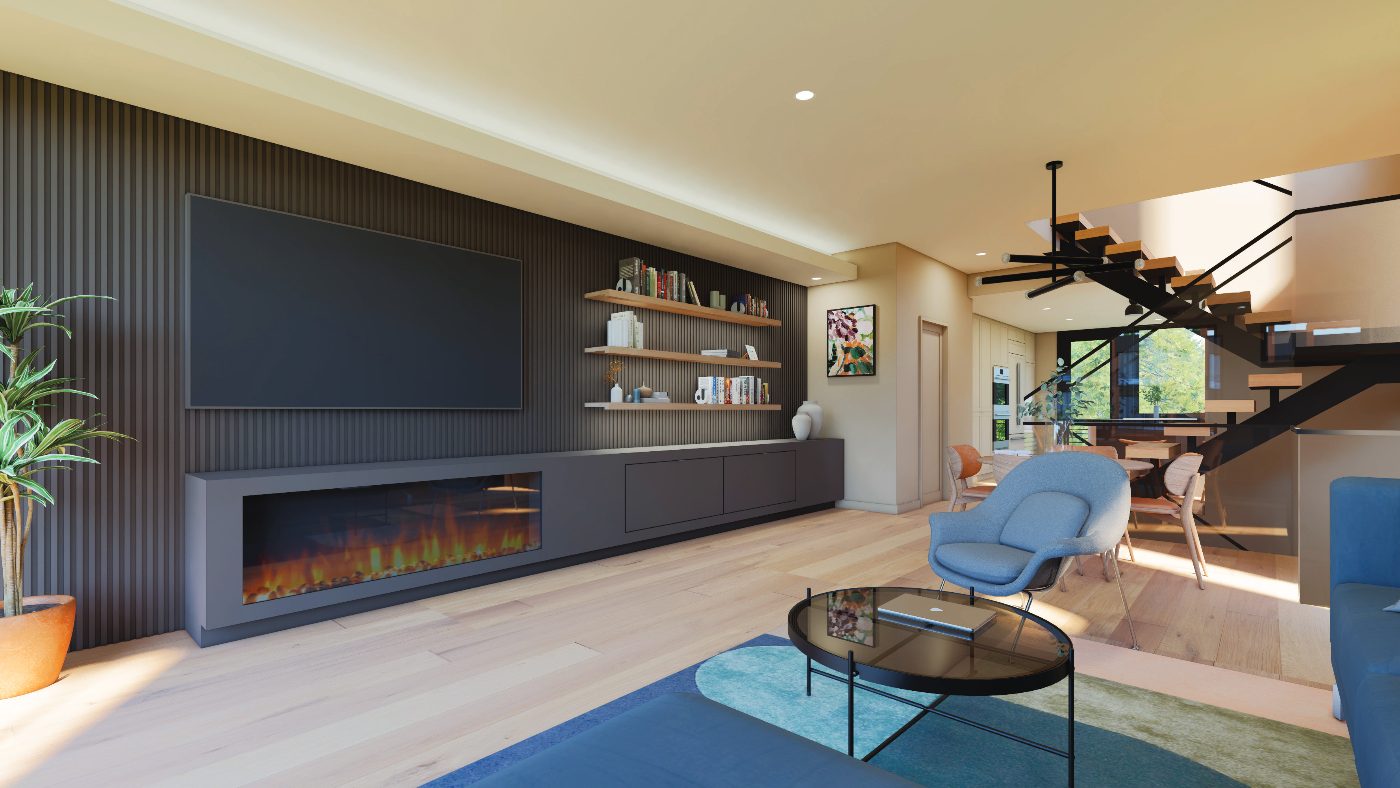 Rendering of a Pine Haven living room in the Luxe package with a slat wall and linear fireplace