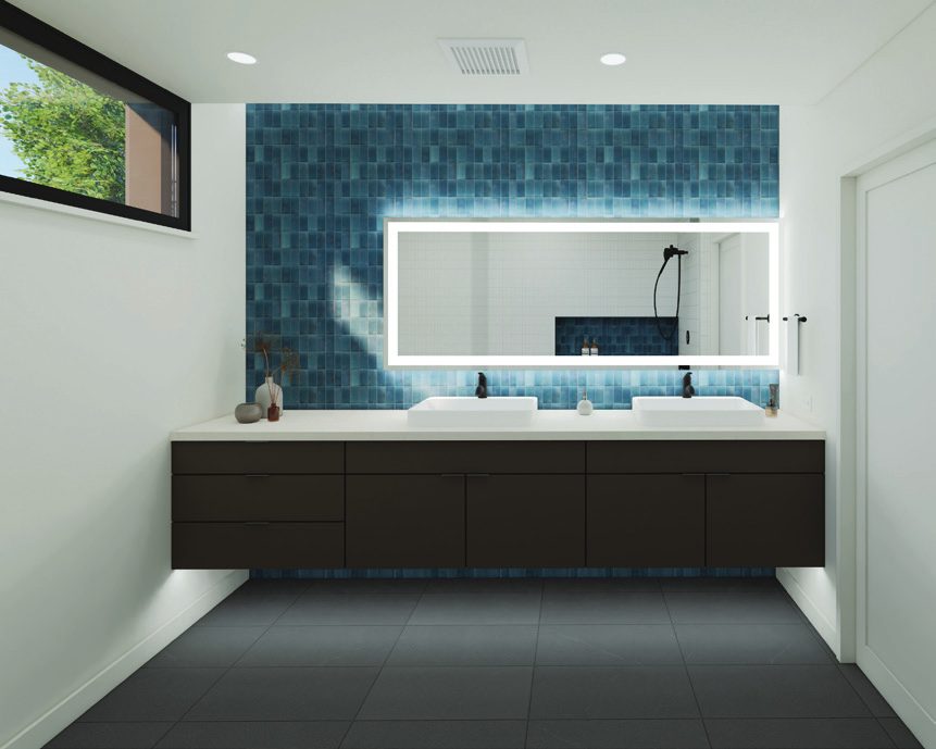Rendering of a Pine Haven Luxe primary bath with blue tile and a backlit mirror