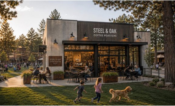 Concept image of a coffee shop on a lawn