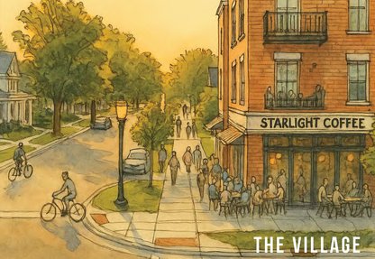 Concept sketch of Starlight village street with a coffee shop