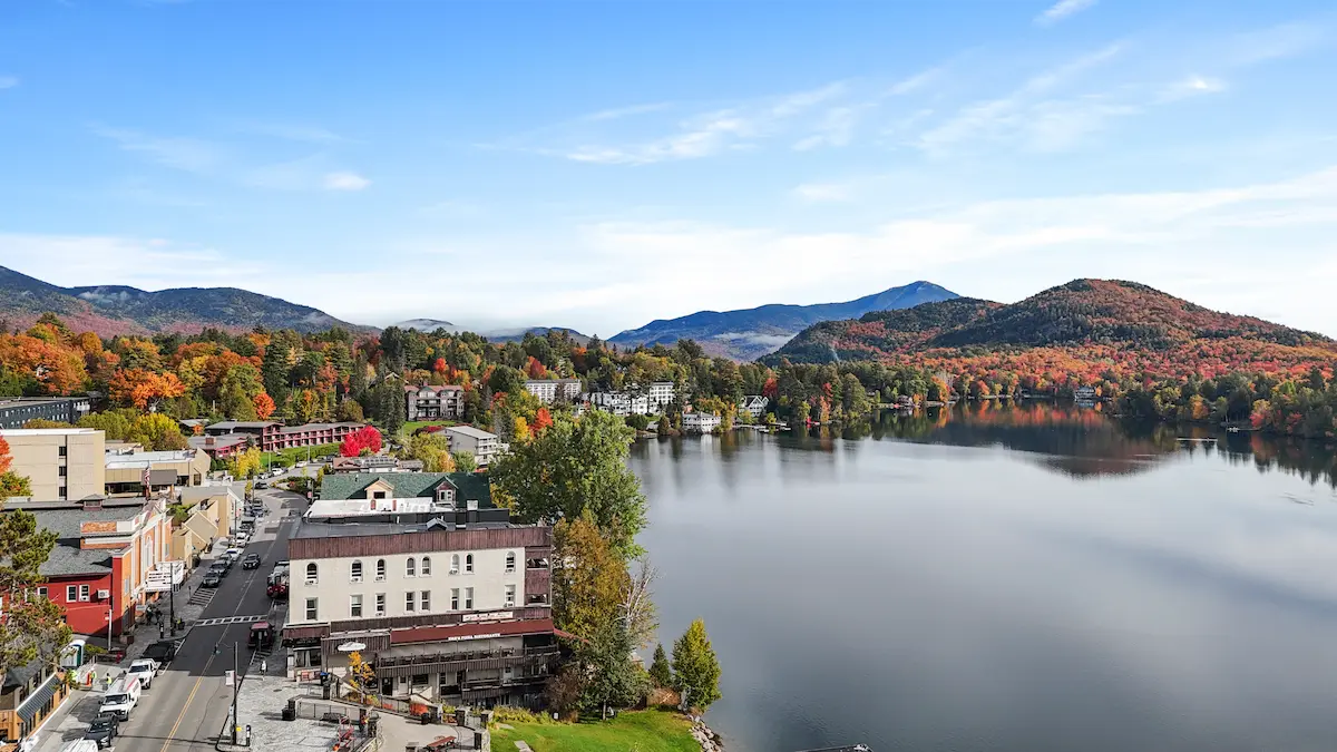 Peak Fall Foliage in Lake Placid NY over Mirror Lake and Main Street