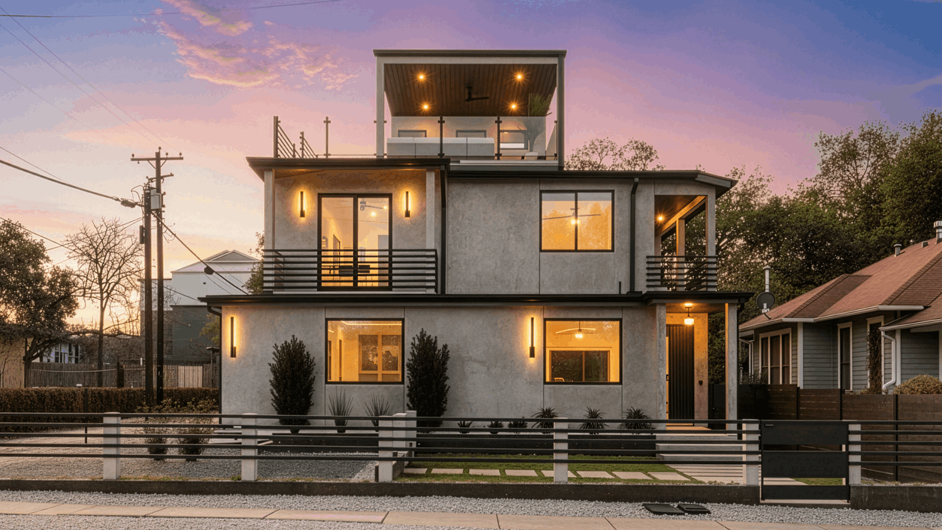 Modern stucco exterior of Electric at Johanna Collection new construction 78704 Austin TX.