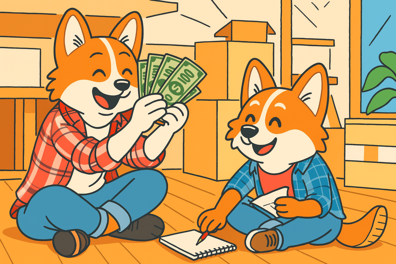 Cartoon illustration of two happy orange and white Corgis surrounded by moving boxes, counting money and planning finances, symbolizing Colorado first-time homebuyer programs and down payment assistance.
