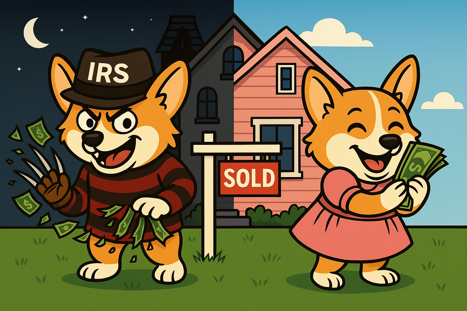 Cartoon illustration of two Corgis standing in front of a split house, with the left side dark and haunted under a night sky and the right side bright and pink under a sunny sky. The left Corgi, dressed like Freddy Krueger with “IRS” written on its hat, shreds money, while the right Corgi in a pink dress smiles and hugs a stack of cash beside a real estate “SOLD” sign.