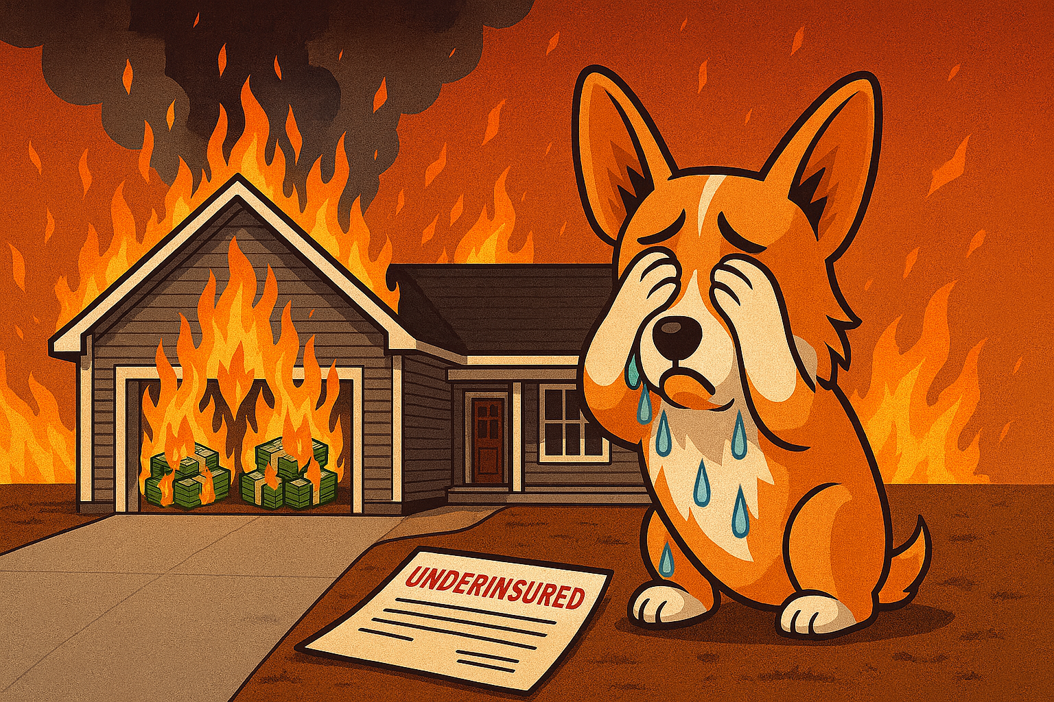 Corgi crying in front of burning house with stacks of cash and underinsured insurance document, symbolizing being underinsured on home insurance replacement cost in Colorado
