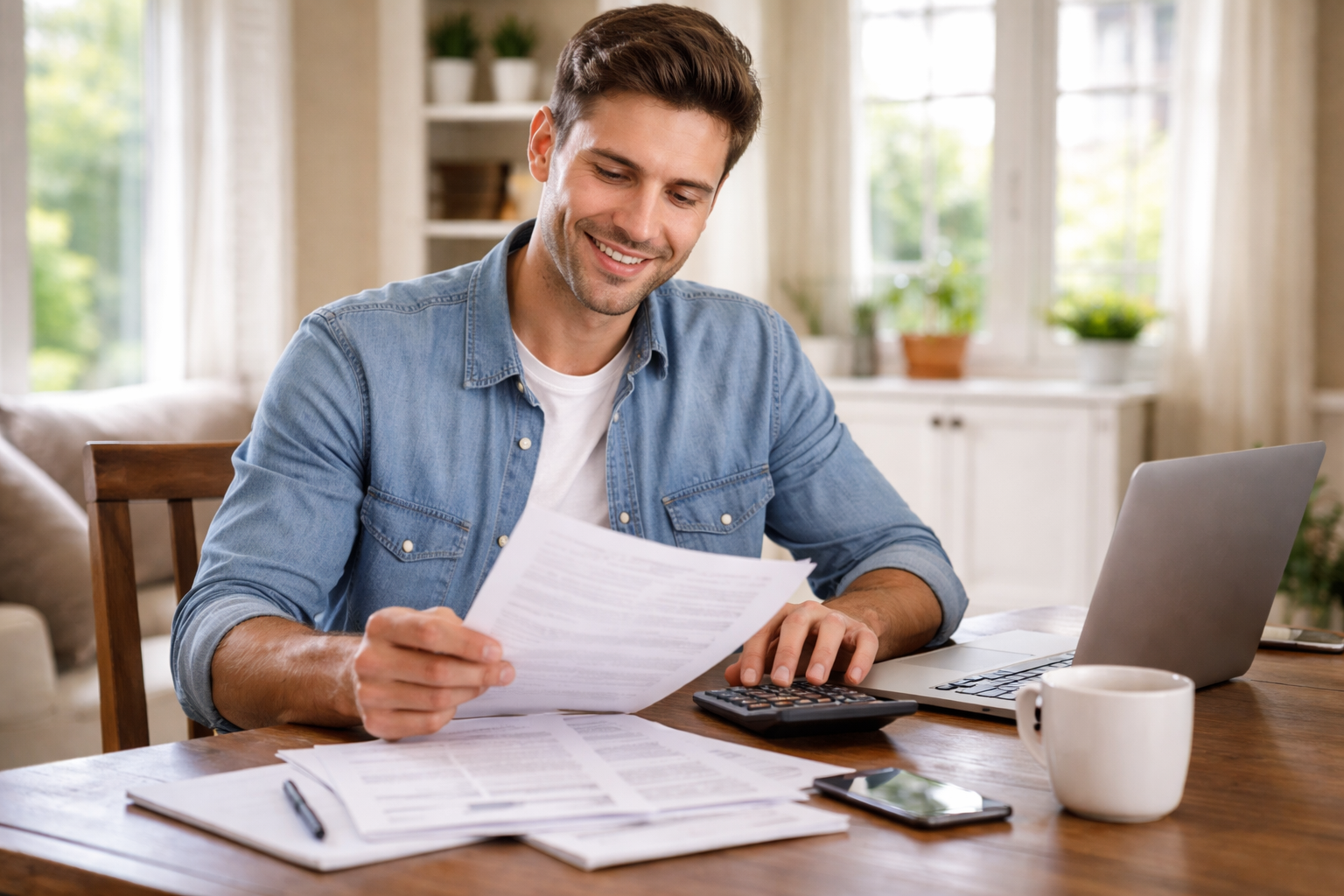 Person reviewing paperwork at a table, laptop open, financial documents nearby.