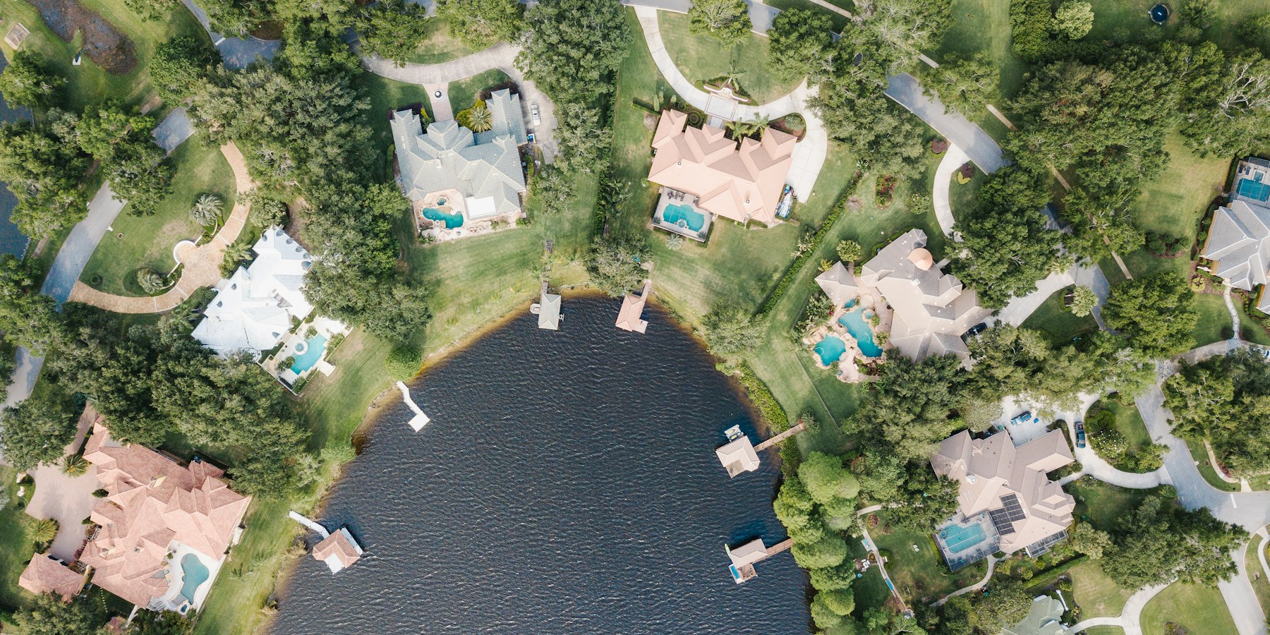 Aerial view of a waterfront community