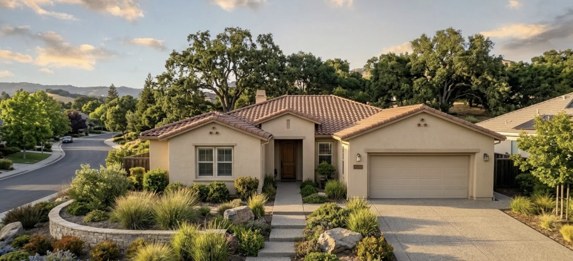 Aerial view of a single-story ranch home in Pleasanton California with mature trees and tile roof